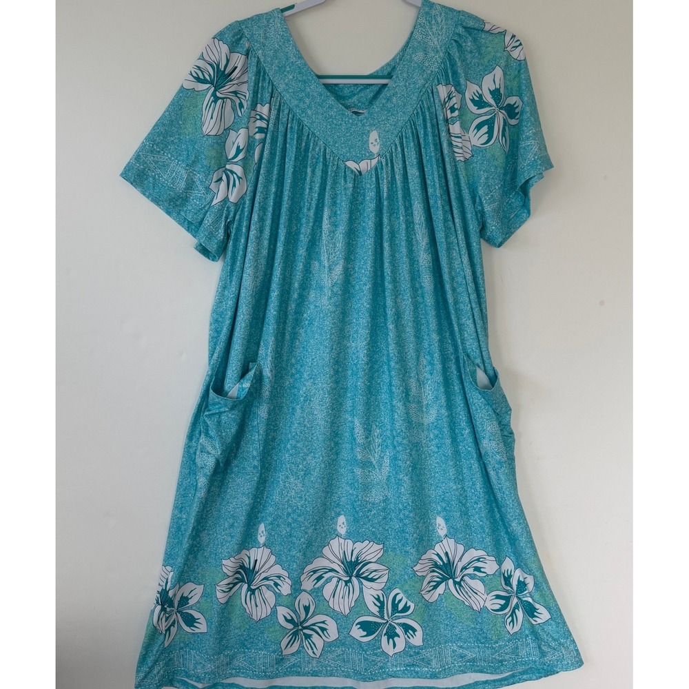 Ekouaer Women Blue Floral Hibiscus Nightgown L Short Sleeve Pocket House Dress